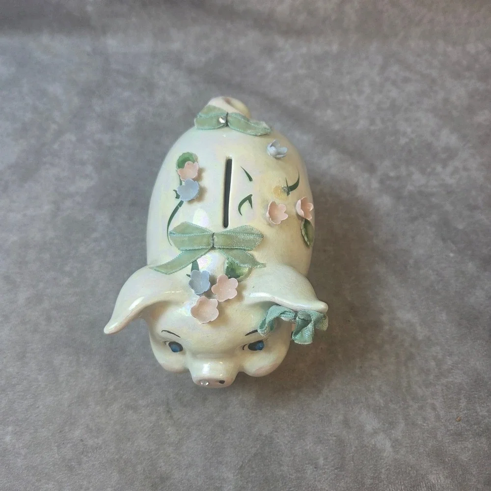 Vintage Iridesct. Ceramic Piggy Bank 3D Flowers Ribbon Lusterware Rhinestone Eye